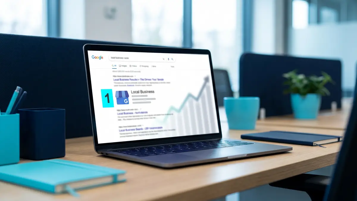 Laptop showing Google search results at position 1 with upward trending graph