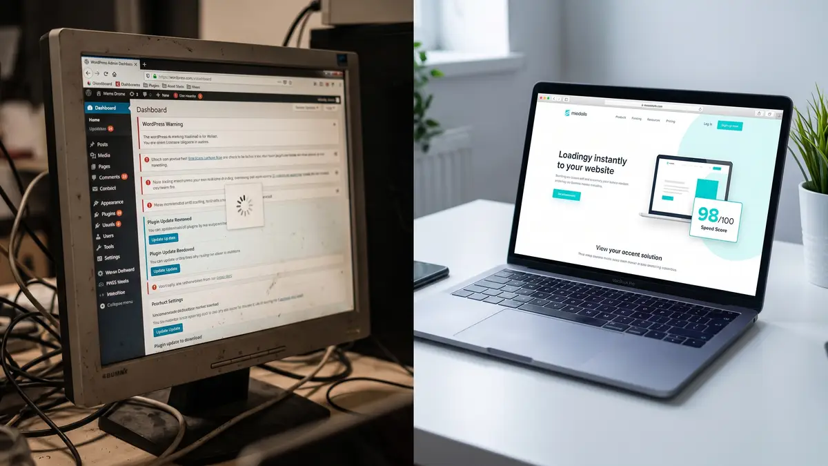 WordPress dashboard with errors on the left, clean modern Next.js website on the right