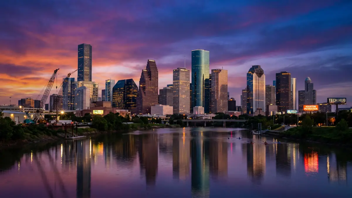 Houston Texas skyline at dusk with modern glass towers and warm city lights