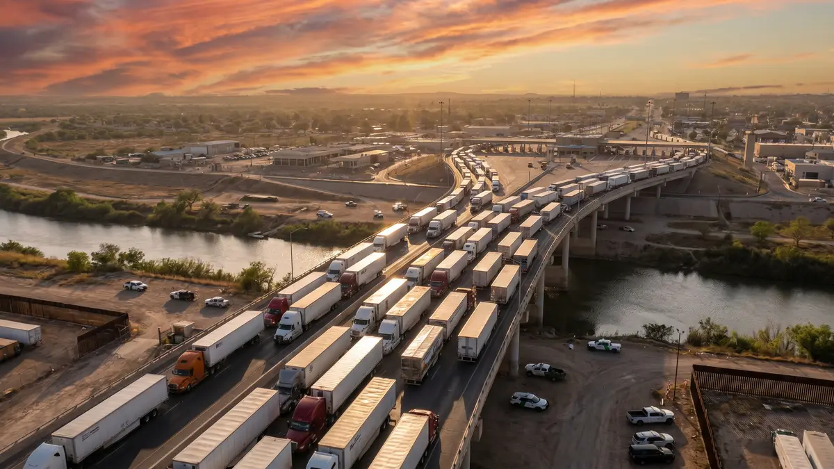 Laredo international bridge with trucks crossing — US-Mexico border commerce at the #1 inland port in the United States