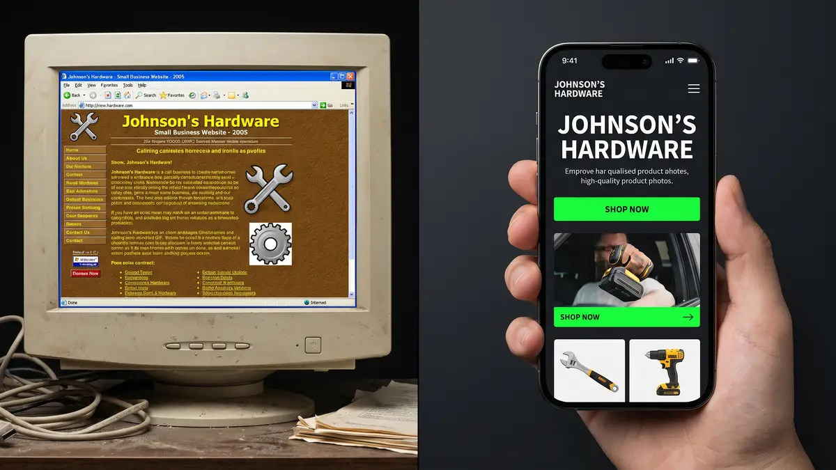 Side by side comparison of an outdated McAllen business website versus a modern mobile-first custom website design