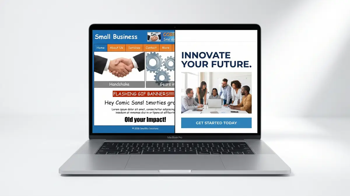Side by side comparison of an outdated RGV business website versus a modern mobile-first custom website design