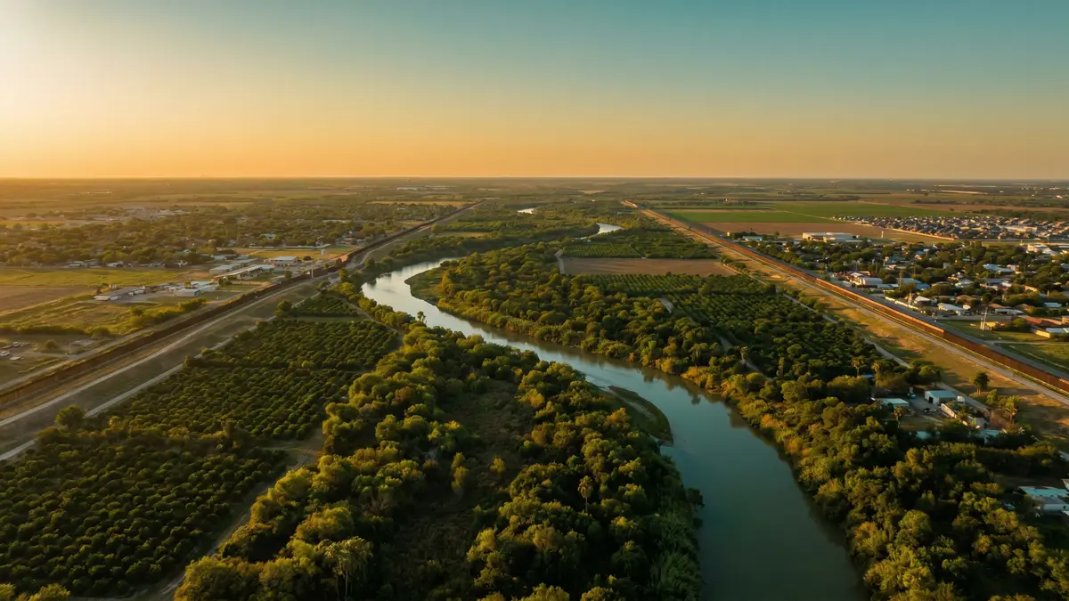 Rio Grande Valley South Texas landscape — palm trees, farmland, and a growing city skyline at warm sunset